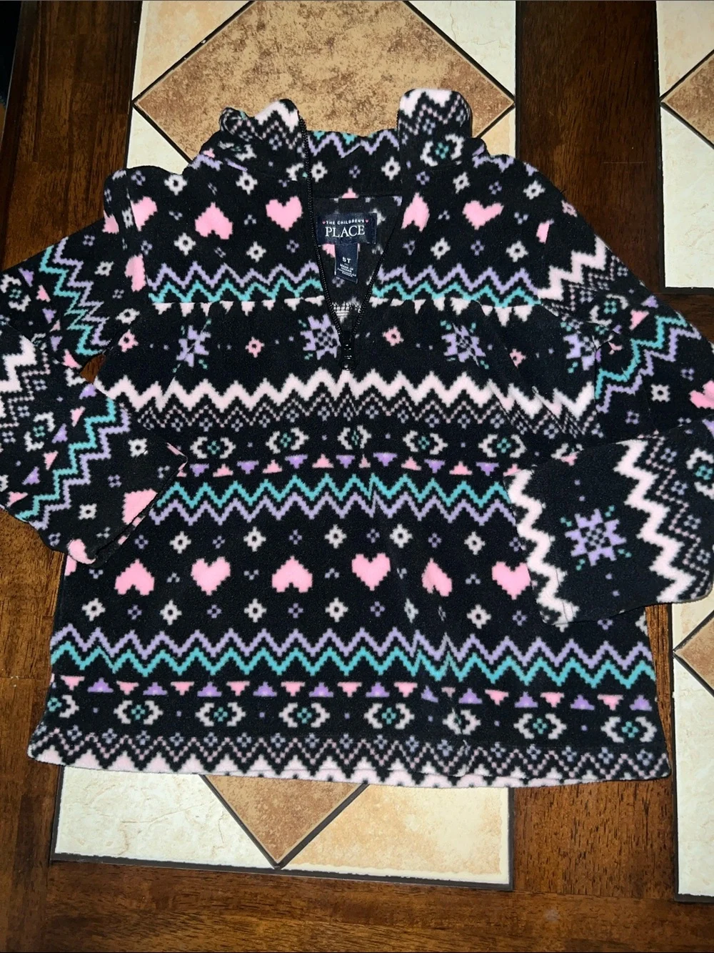 The Children's Place Black Fleece Jacket with Pink Hearts and Teal Fair Isle